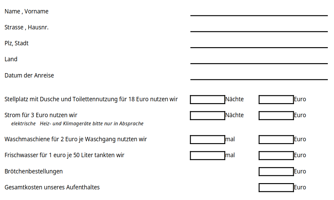 Formular für Gäste mit Wohnmobilen