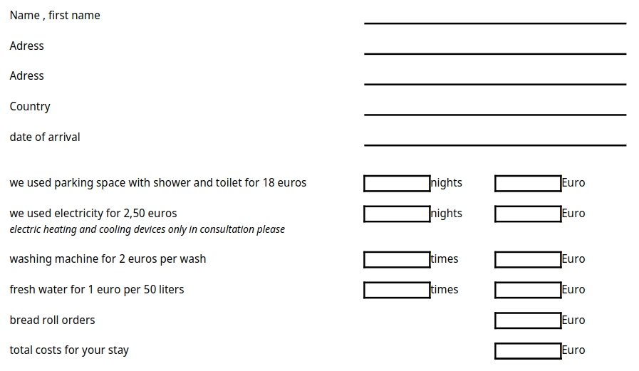 Guest form for visitors with motorhomes